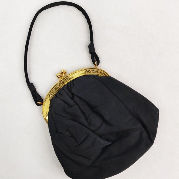 Vintage 1940s DECO Style Black Evening Bag Clutch Attached Chantelle Coin Bag - Picture 3 of 9